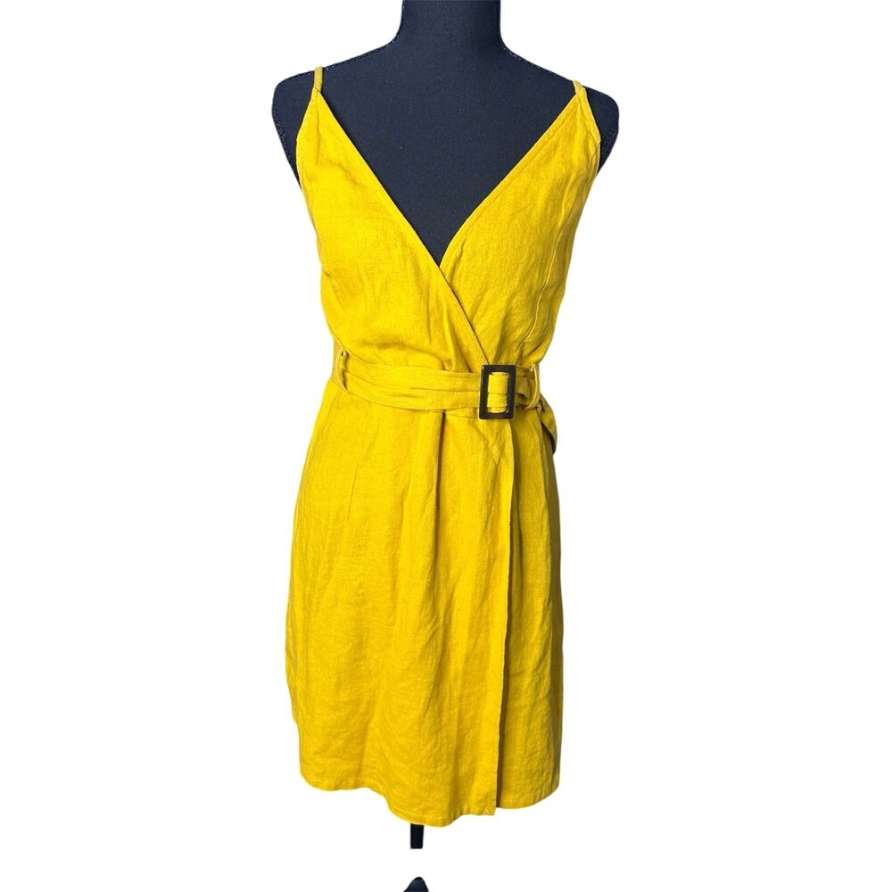 Womens Mustard Yellow Mini Dress - S Linen Sleeveless Garden Party Vibrant Vacay